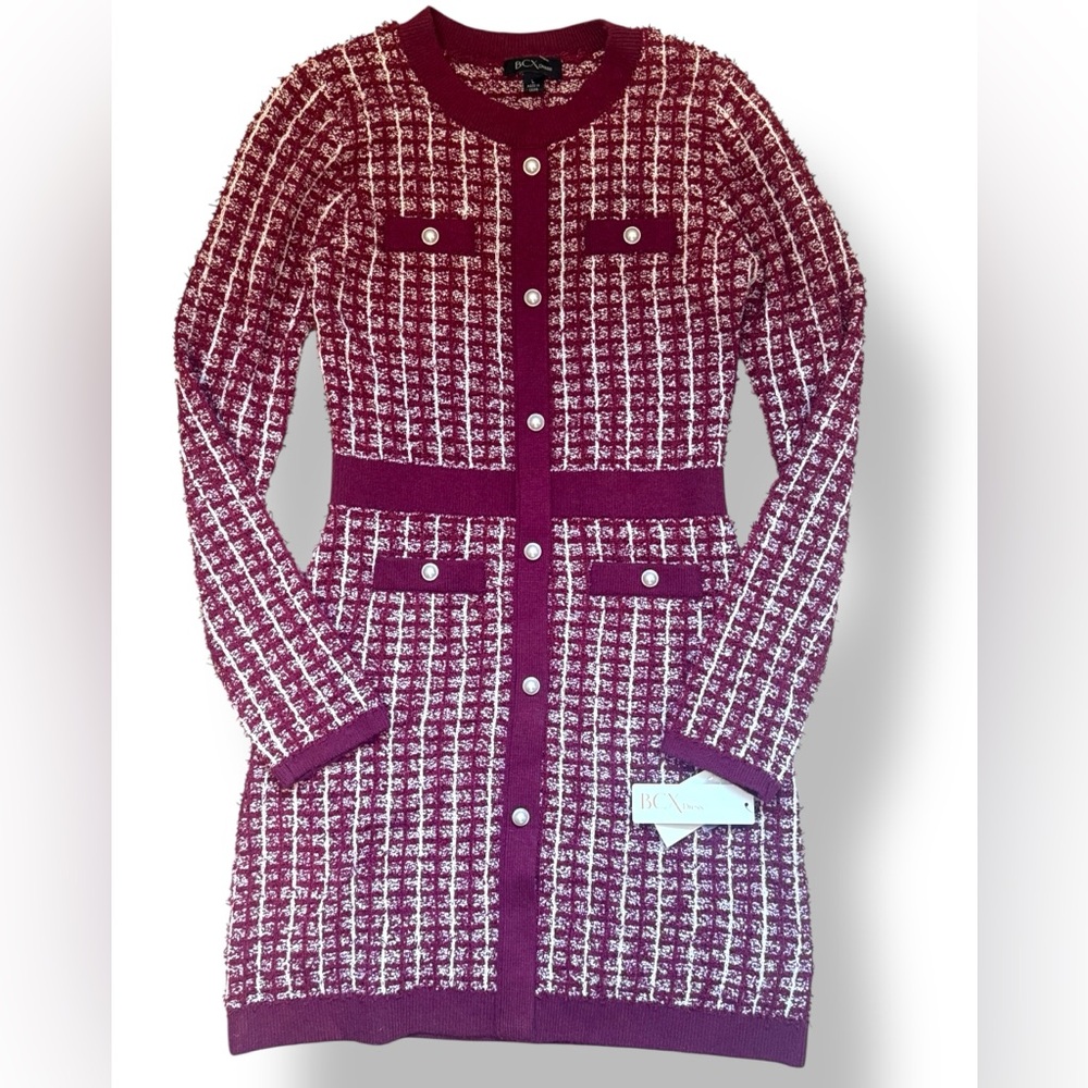 BCX Women's Large Tweed Sweater Mini Dress  Burgundy Pearls Pull On Long Sleeve